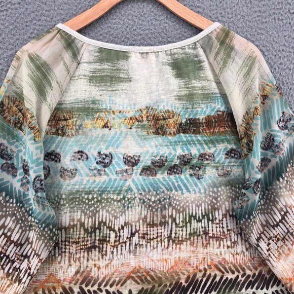 Chicos Top Women 2 US Large Sienna Green Multi Split Neck Balloon Sleeve Peasant - Picture 4 of 10